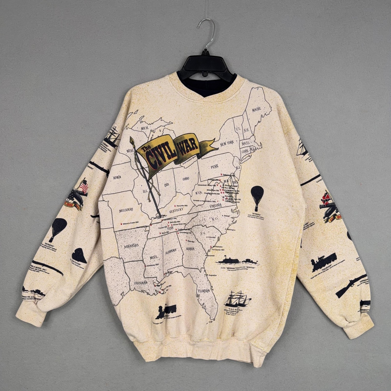 Vintage Art Unlimited Sweatshirt Mens XL Civil War Map All Over Crewneck 90s AOP