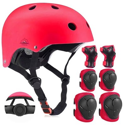 Kids Multi-Sport Helmet 7pc Set, Sz Med for Ages 7-14 (54 To 58cm), Red