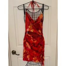 SHEIN Women's S Red Orange Abstract Cutout Ring Halter Mini Dress