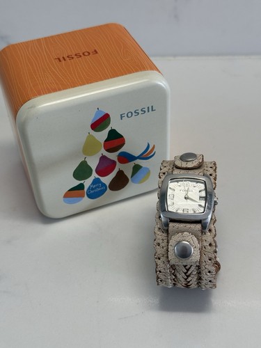 Fossil Damenuhr braun Kalender Zifferblatt weiß Leder plattiert Armband neue Batterie - Bild 6 von 18