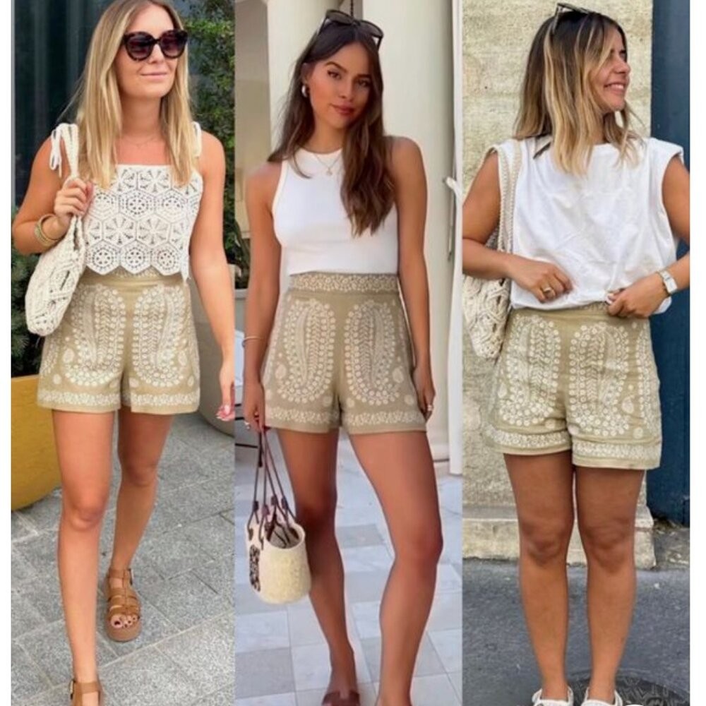 ZARA WOMAN TAUPE BROWN high-waist EMBROIDERED SHORTS S M L XL 2731