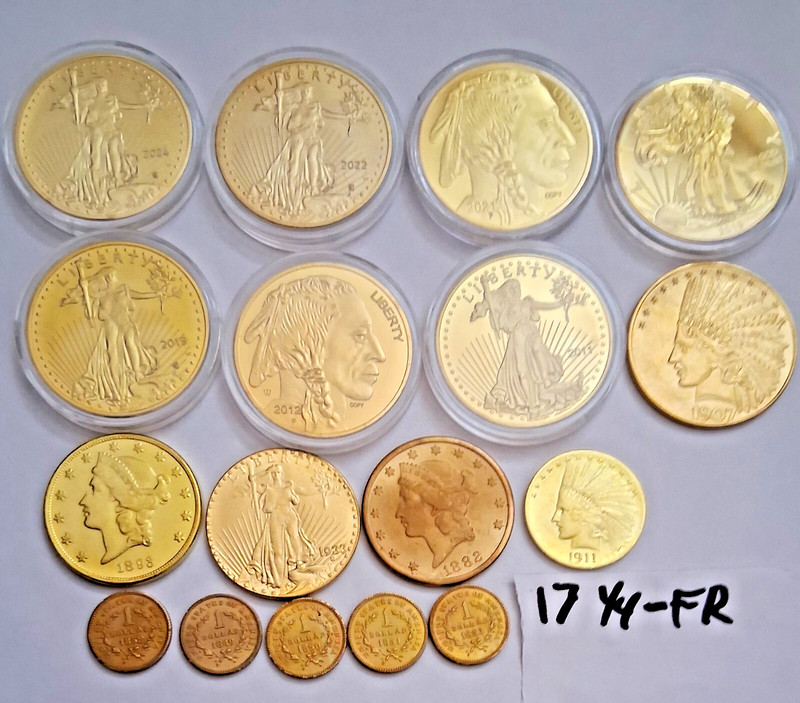 17 Total: 1/4 -Full Rounds US  Gold Plated US COPY Coins BU Mint 1849-2024