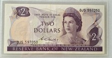 New Zealand $2 Wilks. P164b. 1968-75. Prefix 0J5. About UNC.