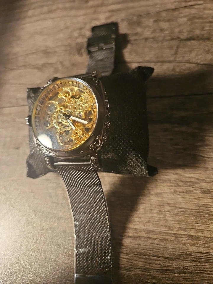Reloj Esqueleto Automático Mecánico Dorado Unisex Esfera Negra Números Romanos Nuevo Foto 3 de 4
