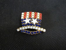 VINTAGE RHINESTONE UNCLE SAM RED WHITE BLUE HAT GOLD TONE PIN BROOCH