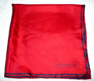 VINTAGE CHRISTIAN DIOR RED NAVY TRIM SILK POCKET SQUARE HAND ROLLED 18" X 18"
