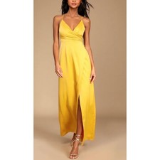 Lulus Elegance Mustard Yellow Satin Surplice Maxi Dress Formal Gown Small Gala