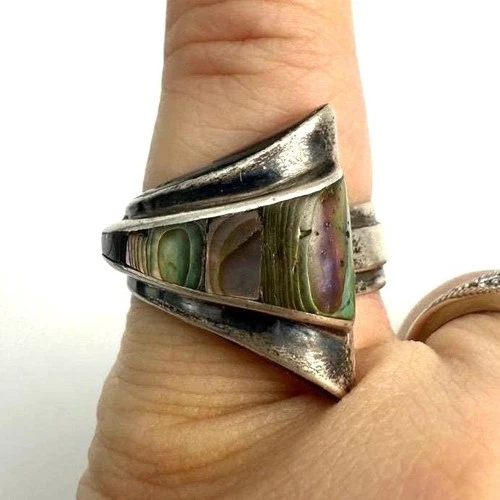 Vintage Mexico 925 Sterling Silver Abalone Inlay Bypass Ring Size 7.25 7.5g