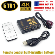 4K HDMI 2.0 Cable Splitter Switcher Box Hub IR Remote Control 5X1 Power 5 to 1