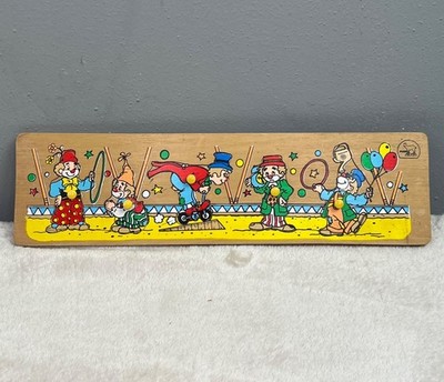Vintage Pudu Wooden Clown Circus Peg Puzzle Wood Tray Child