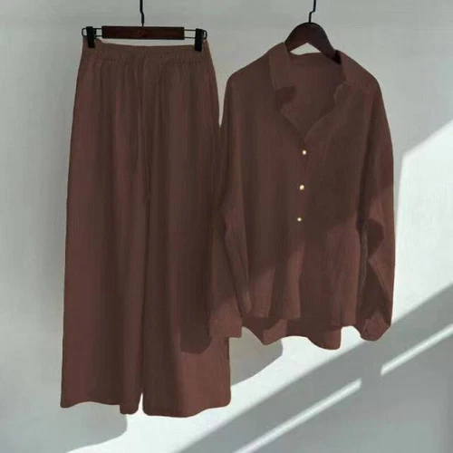 Women Lady Summer Solid Color Cotton Linen Suit Lapel Long Sleeve Top Leg Pants - Bild 16 von 42