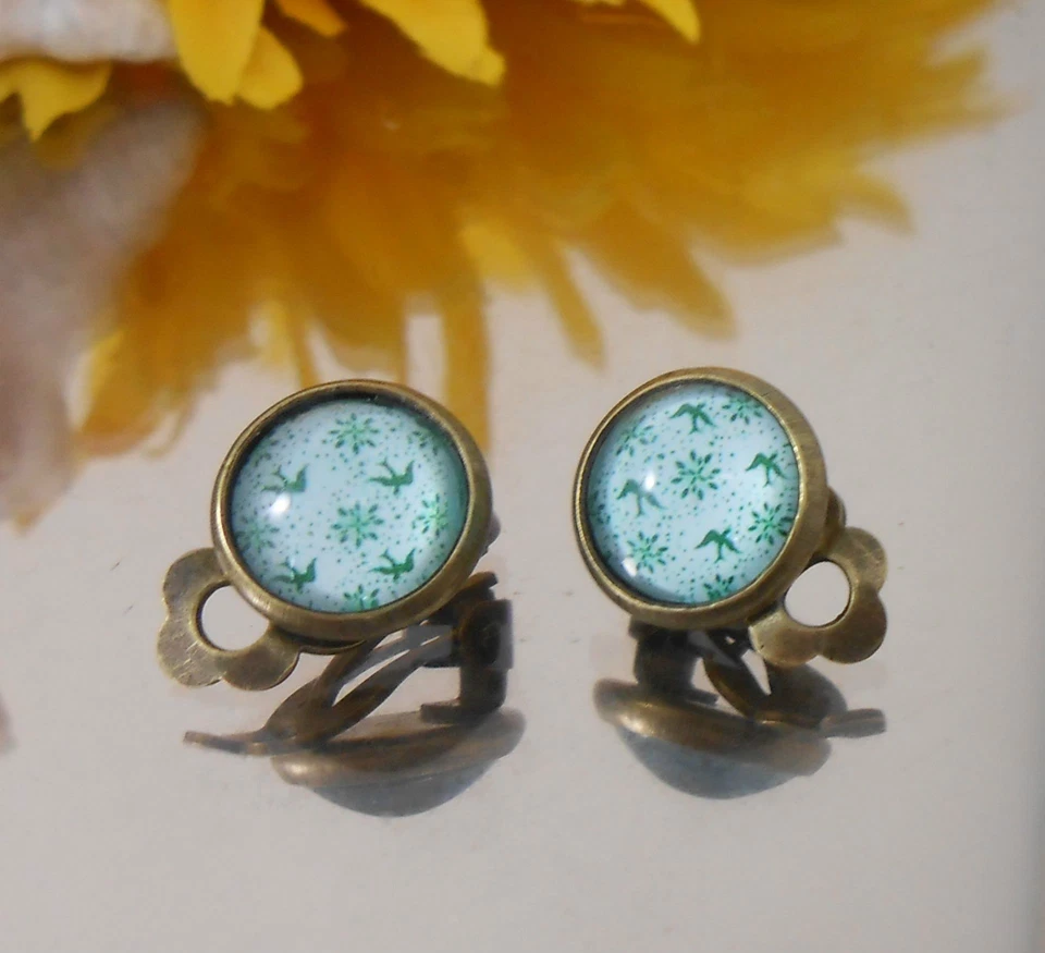 Ohr Clips grün Glas Cabochon 12 mm  / antik bronce / handgefertigt - Bild 3 von 3