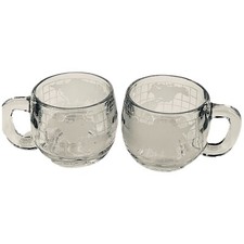 Vintage Nestle Coffee Glassy Nescafe World Globe Frosted Glass Mug - Set of 2