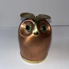 Vintage Coopercraft Guild Cooper Owl Coin Bank w/green eyes. 4"x 2.5 at base.