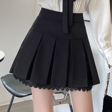 Damen A Line Plissiert Kurzer Minirock Spitzenrand Hohe Taille Preppy Harajuku