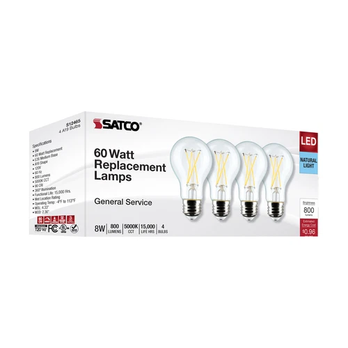 4 Pack Satco S12465 LED Filament 8W 60W A19 Medium E26 Clear 5000K Natural Light - Picture 6 of 12