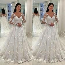 White Ivory Wedding Dresses Lace Appliques Flower Long Sleeve V Neck Bridal Gown