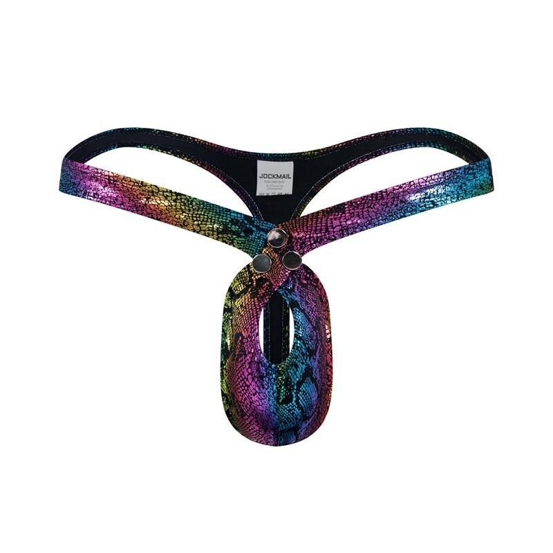 JOCKMAIL Men's Snake-print Rainbow Faux Leather Thong T-back G-string Underwear