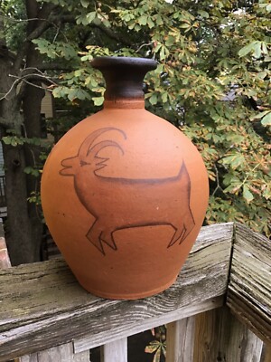 Vintage Hand Painted Terra Cotta Earthenware Red Clay Erandi Vase Jalisco Mexico
