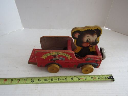 VINTAGE FISHER PRICE PULL TOY TEDDY TRUCKER #711 WOOD WOODEN PARTS RESTORE - Picture 4 of 6