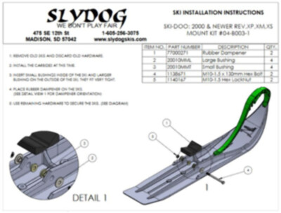 Ski-Doo ZX Rev XP XS XM Chassis Snowmobile Slydog Ski Mounting Kit