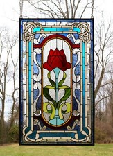 20" x 34" Tiffany Style stained glass window panel one big Rose Flower QA368