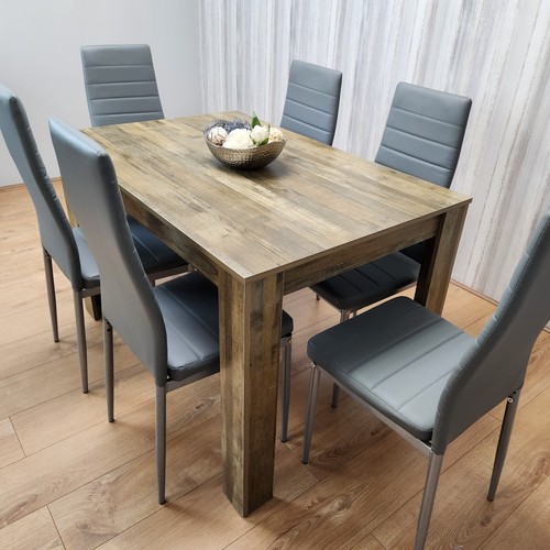Dining Room Table Set Rustic Effect Dining Table and 6 Grey Faux Leather Chairs - Picture 7 of 8