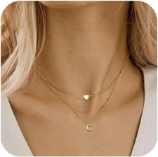 18K Gold Plated Stainless Steel Layered Heart Initial Necklace Personalized Tiny