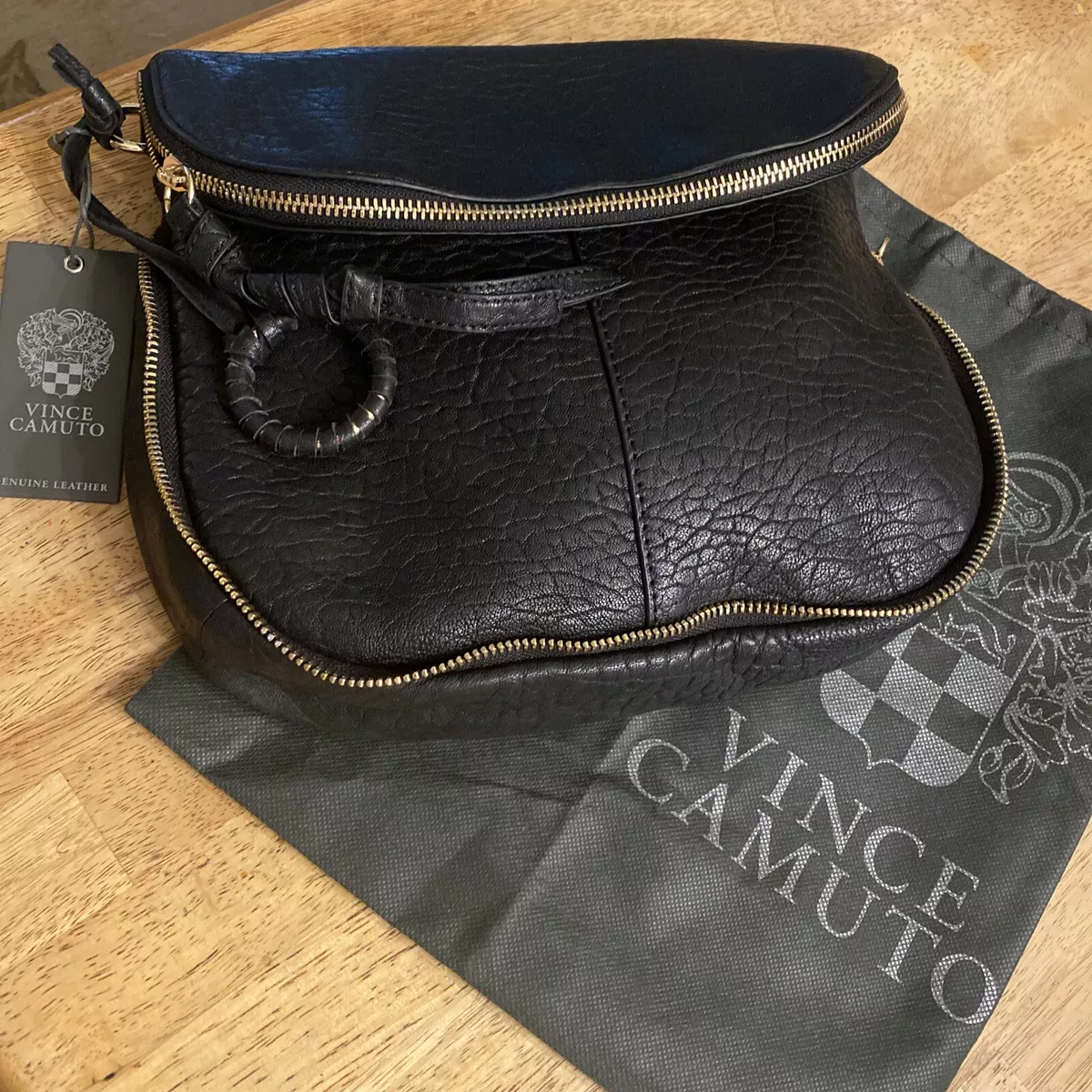 VINCE CAMUTO LEATHER SHOULDER BAG BLACK NWT BRASS ZIPPER NEVER