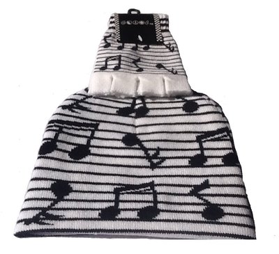 Black and White Musical Notes Beanie Ski Cap + Musical Notes Match Gloves -New!