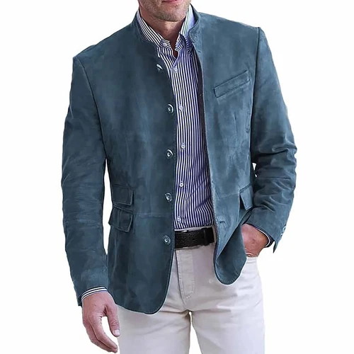 Stylish Faux Suede Leather Blazer Mens Single Breasted Classic Coat Retro Jacket