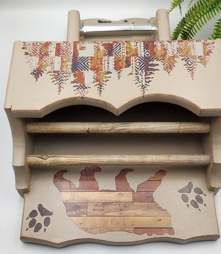 Vtg BEAR Cabin Magazine Rack w Toilet Paper Holder - Handmade Heavy Solid Wood - Picture 13 of 23