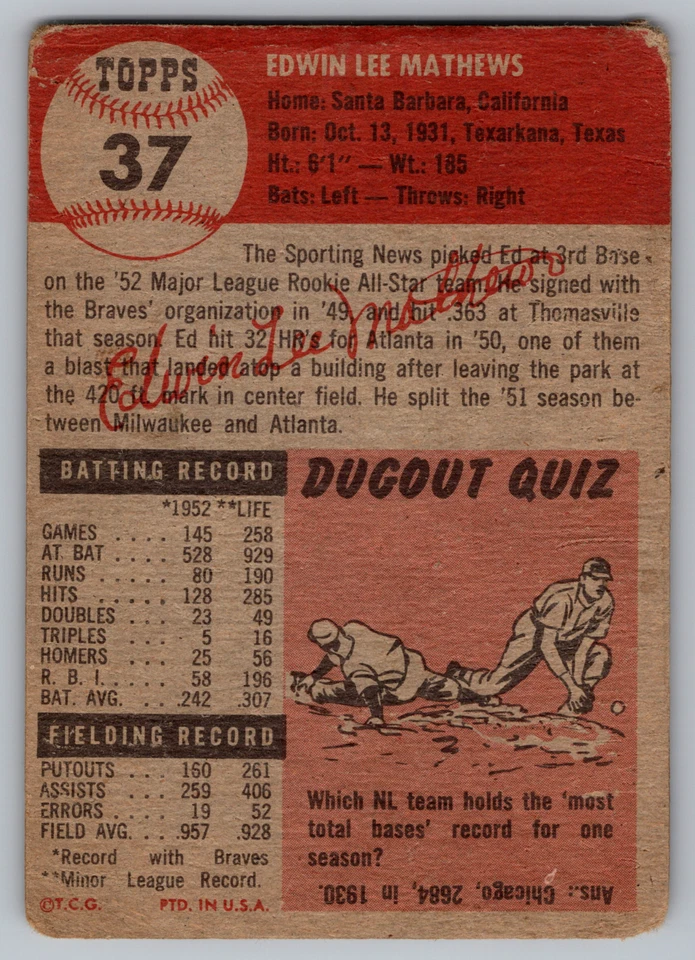 1953 TOPPS #37 EDDIE MATHEWS Braves — 第 2/3 张图片
