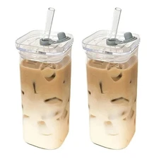 Square Glass Coffee Cup with Lid & Straw 400ml Milk Tea Juice Drinkware Mug USA