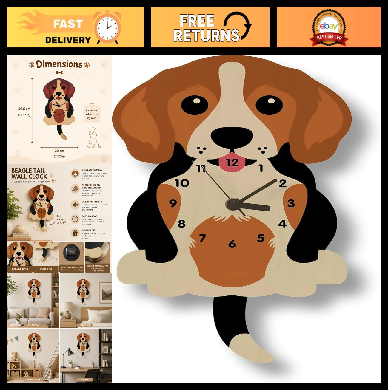 Cute Dog Wall Clock for Kids Room - Cartoon Puppy Pendulum, Silent Quartz Decor