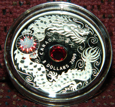 2009 CANADA $8 MAPLE OF WISDOM DRAGON SILVER COIN W/HOLOGRAM & CRYSTAL INSET