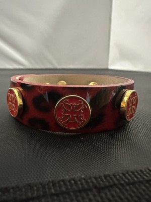 Rustic Cuff Meagen Wide Red Leopard Leather Single Wrap Patent Leather Gold Tone