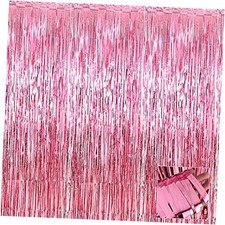 4 Pack Foil Fringe Curtain Backdrop, 3.28Ft x 6.56Ft Metallic Tinsel Foil Pink