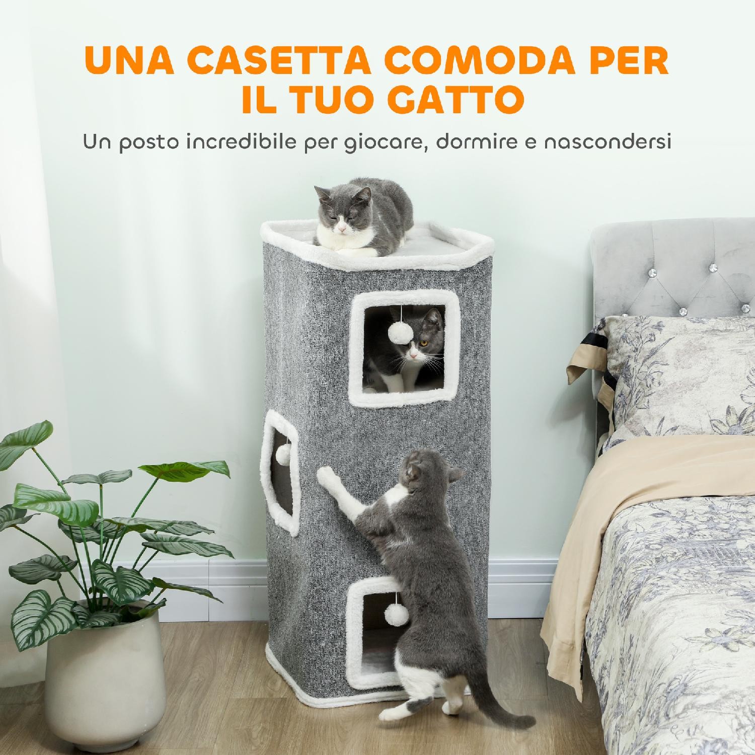 AllMyPets Torre Tiragraffi per Gatti con 3 Casette foto 4
