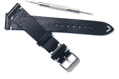18mm Black/White Leather Classic Watch Band Handmade W/ Spring Bar Remover Tool