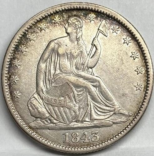 1843-P SEATED LIBERTY  HALF DOLLAR, AU Ish,  Philadelphia Mint