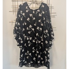 Calvin Klein Black Floral Print Flutter Sleeve V Neck Shift Dress Women's Sz XL