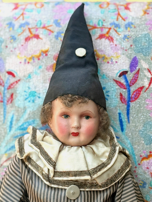 ANTIQUE PIERROT BOY CLOWN BOUDOIR 30" COMPOSITION DOLL c1920s/30s—BEAUTIFUL!