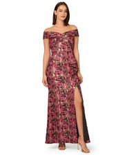 Adrianna Papell Women's Jacquard Off-the-Shoulder Gown Fucshia Multi 2 - NEW