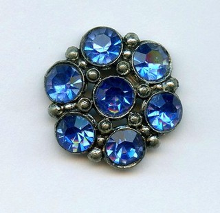 WONDERFUL VINTAGE METAL button BRILLIANT ELECTRIC BLUE RHINESTONES 1 & 1/8"