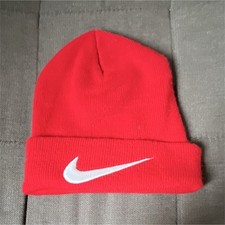 Nike Red Knit Beanie Hat White Swoosh Logo Unisex One Size - winter Hat.