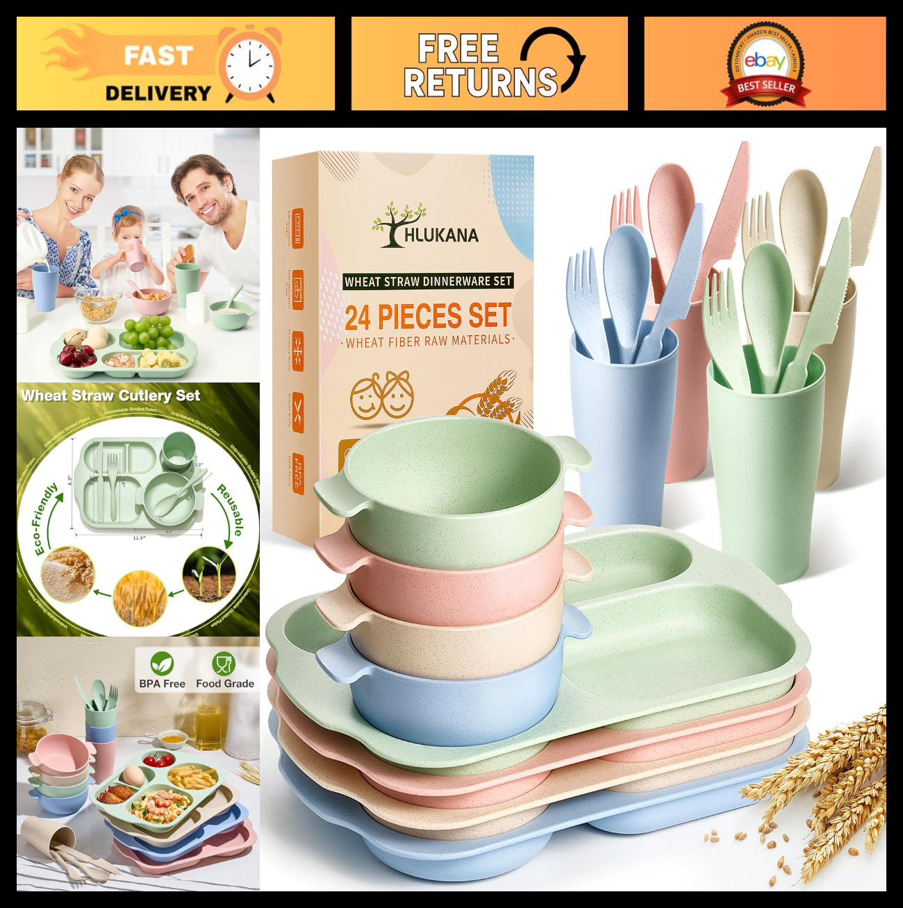 24 Pcs Unbreakable Wheat Straw Dinnerware Set, Kids Divided 