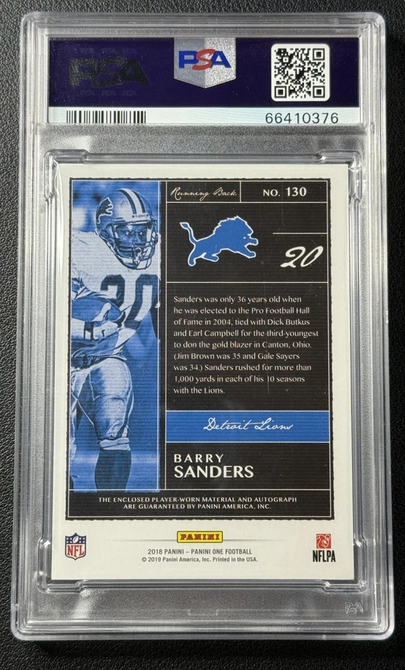 BARRY SANDERS PSA 9 2018 PANINI ONE #130 LIONS PATCH AUTO GOLD 4/5 MINT - Image 2 of 2