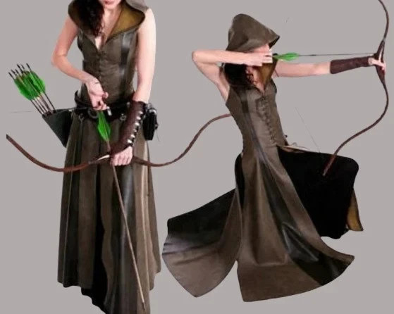 Chaleco de trinchera medieval gótico con capucha abrigo largo de cuero sin mangas para mujer