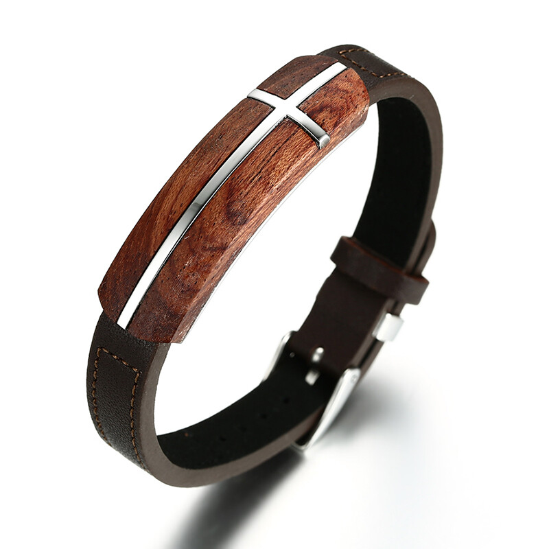 Braided Leather Cross Charm Men Bracelet Cuff Christian